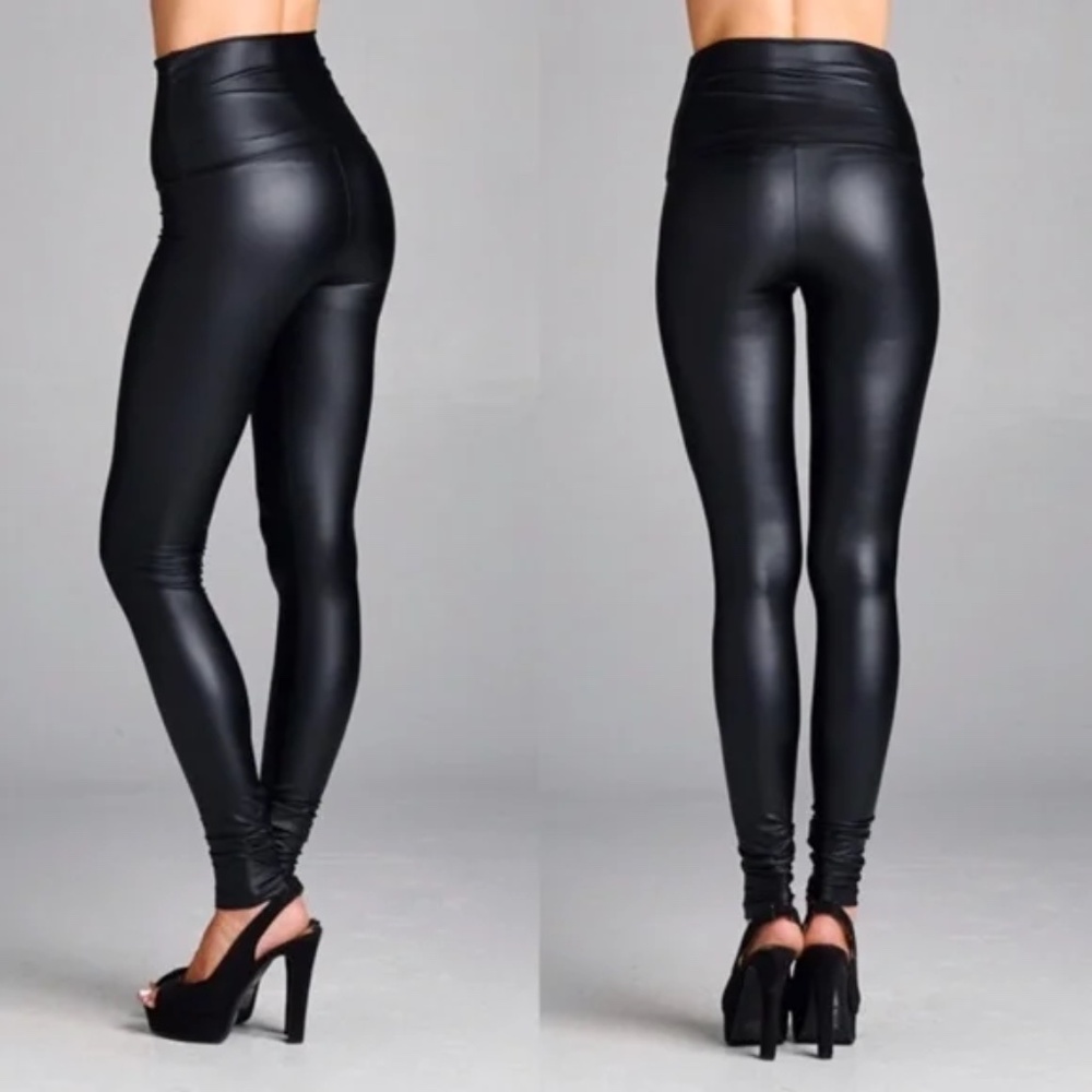 Black Vegan Leather Matte Slick Leggings - Picture 8 of 8
